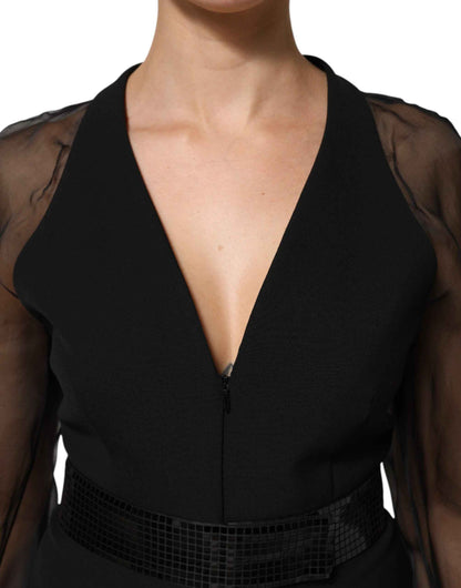 Emporio Armani Black Sheer Sleeve Belted V-Neck Mini Dress by Emporio Armani