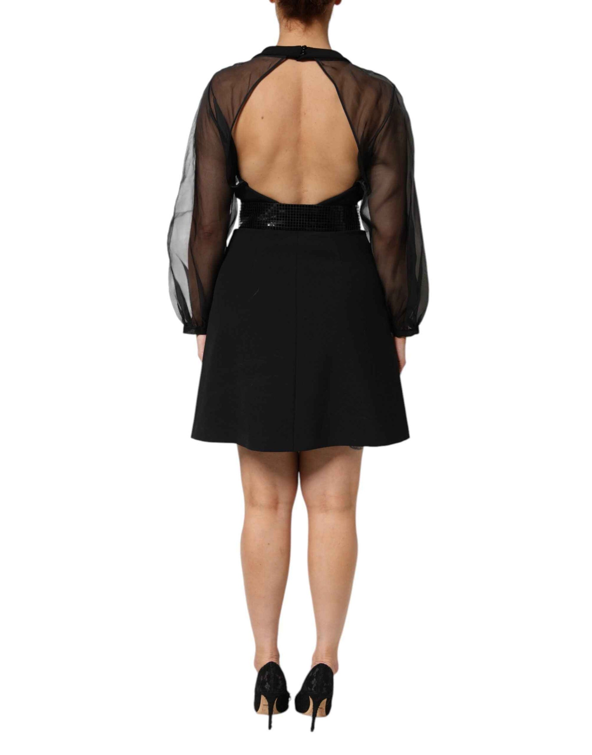 Emporio Armani Black Sheer Sleeve Belted V-Neck Mini Dress by Emporio Armani