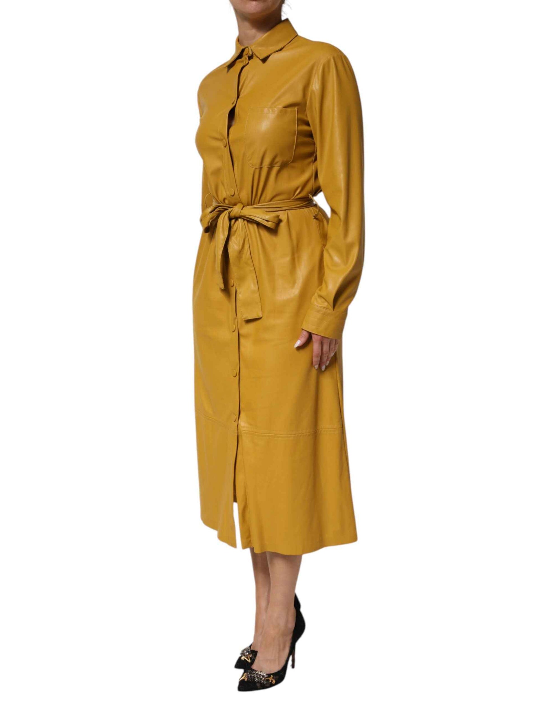 PINKO Polyester Belted Shirt Midi Long Sleeve Yellow Mustard by PINKO