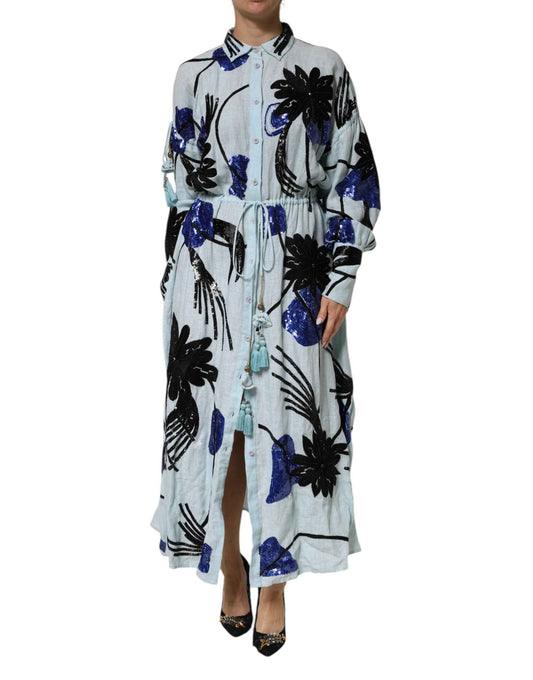 Christian Pellizzari Blue Sequin Embellished Shirt Maxi Dress by Christian Pellizzari