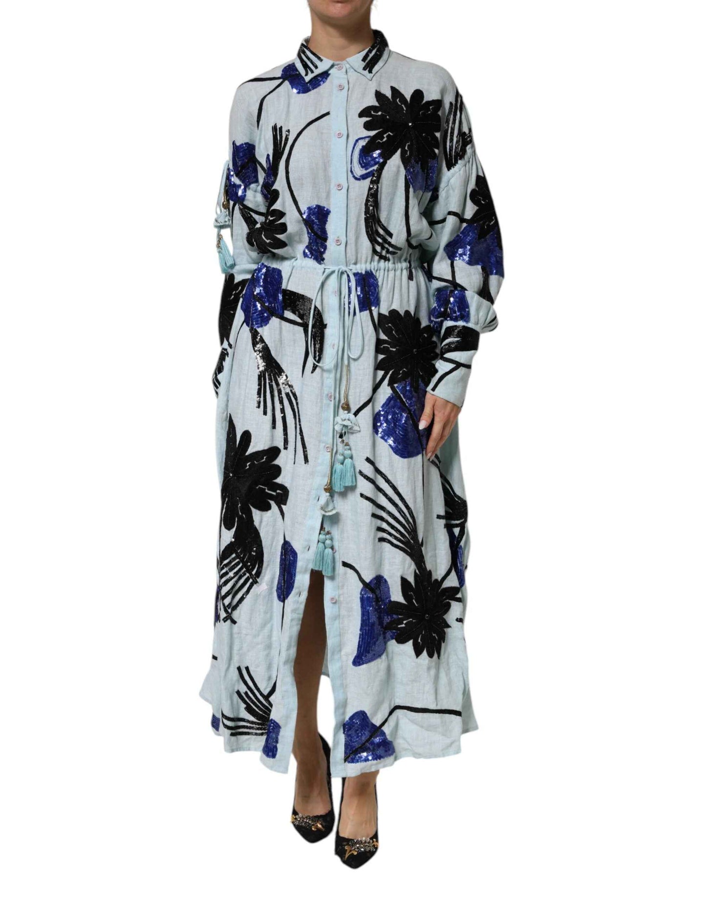 Christian Pellizzari Blue Sequin Embellished Shirt Maxi Dress by Christian Pellizzari