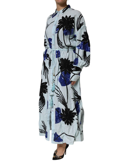 Christian Pellizzari Blue Sequin Embellished Shirt Maxi Dress by Christian Pellizzari