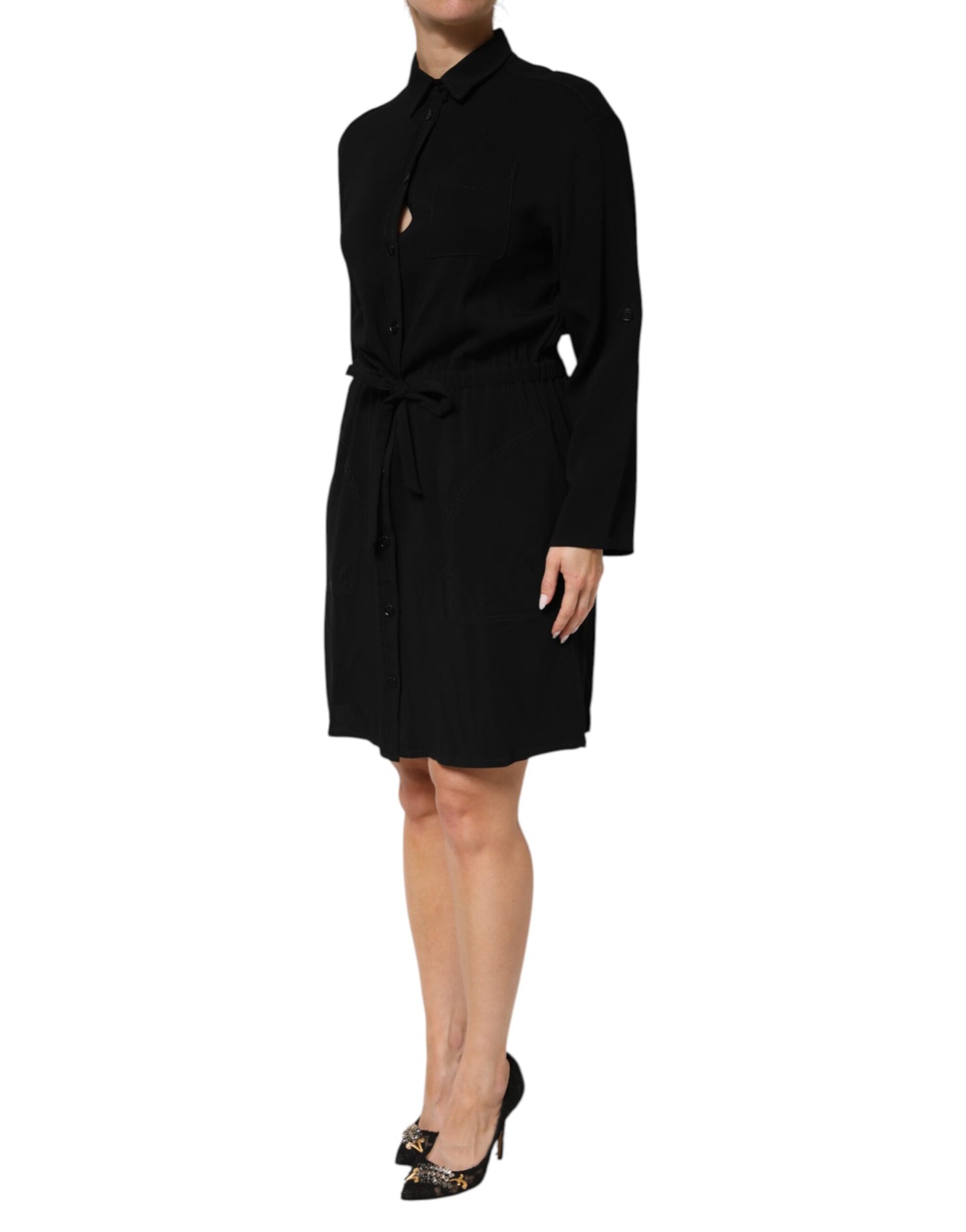 Emporio Armani Black Viscose Blend Shirt Style Belted Dress - from Emporio Armani