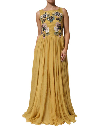 Dolce & Gabbana Yellow Silk Floral Embroidered Maxi Dress by Dolce & Gabbana