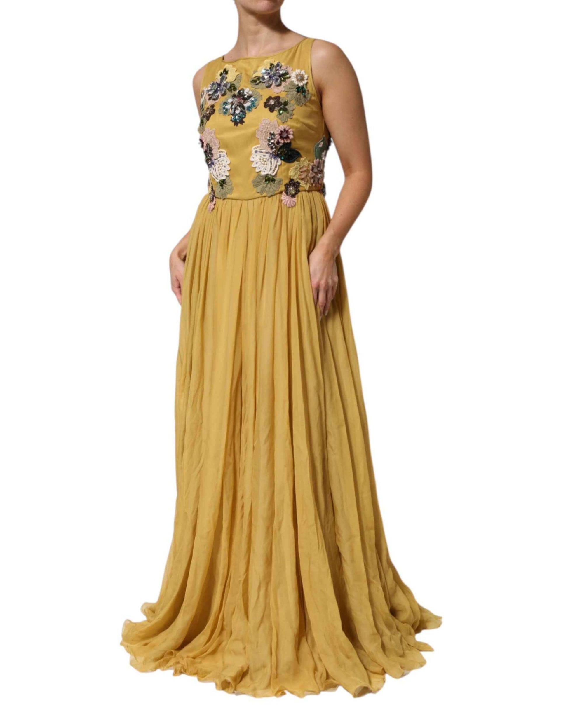 Dolce & Gabbana Yellow Silk Floral Embroidered Maxi Dress by Dolce & Gabbana
