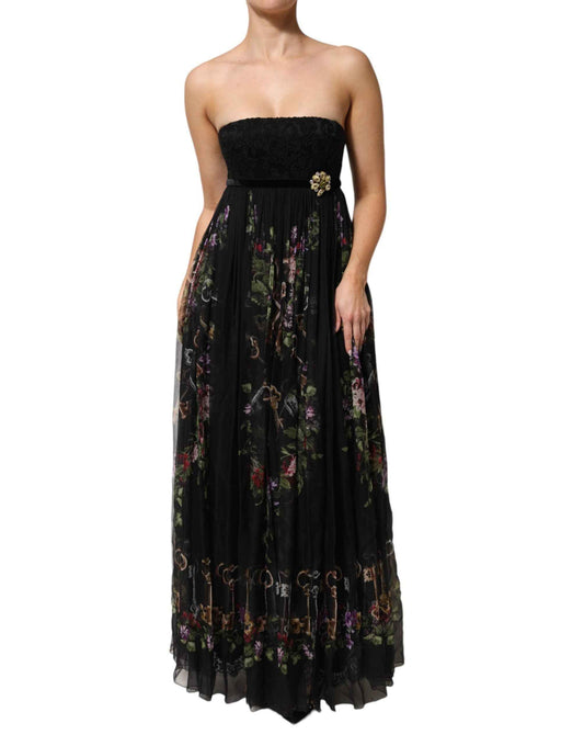 Dolce & Gabbana Black Floral Key Print Crystal Strapless Dress by Dolce & Gabbana