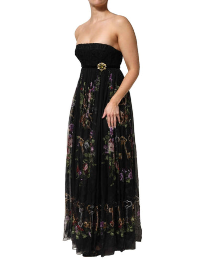 Dolce & Gabbana Black Floral Key Print Crystal Strapless Dress by Dolce & Gabbana