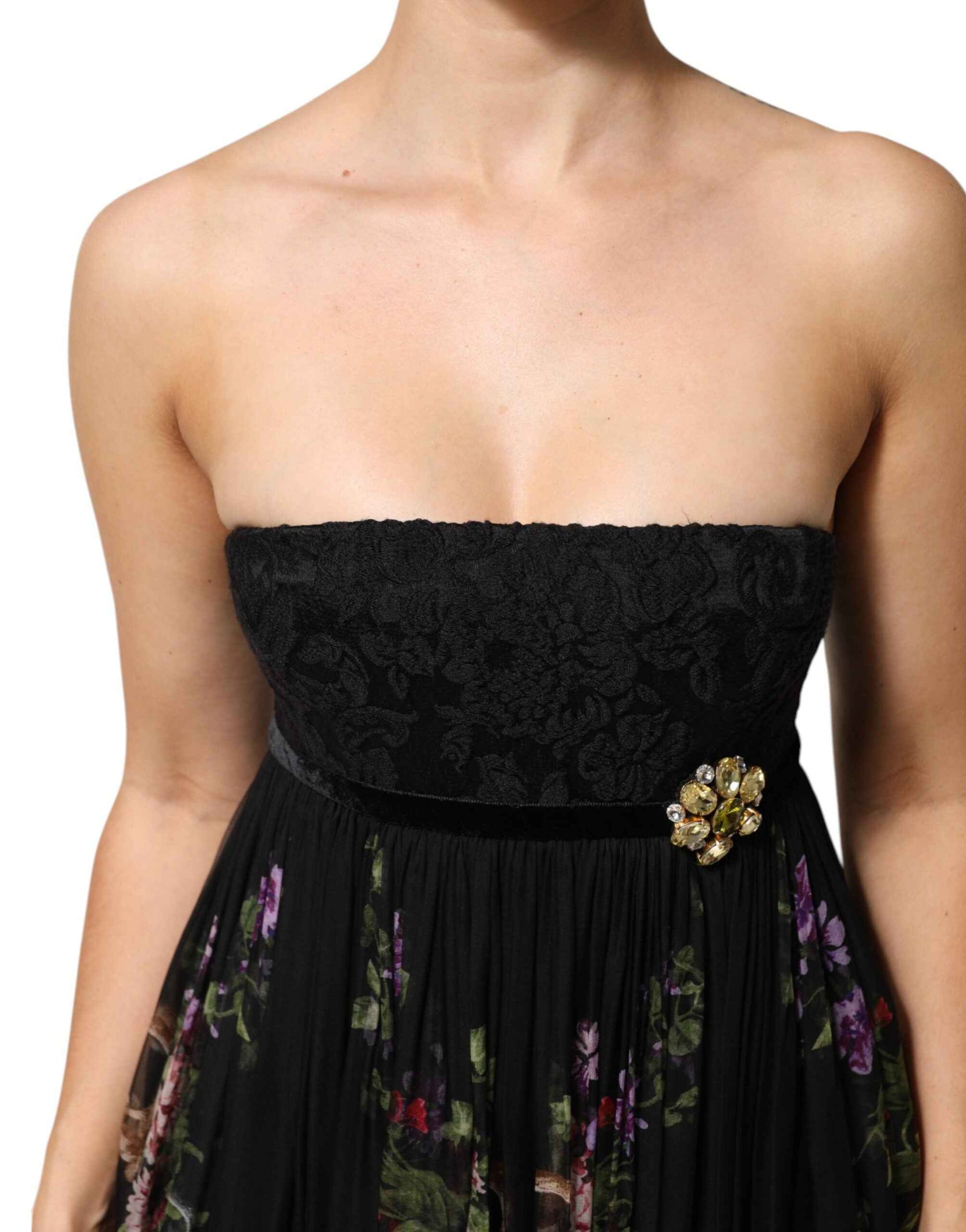 Dolce & Gabbana Black Floral Key Print Crystal Strapless Dress by Dolce & Gabbana