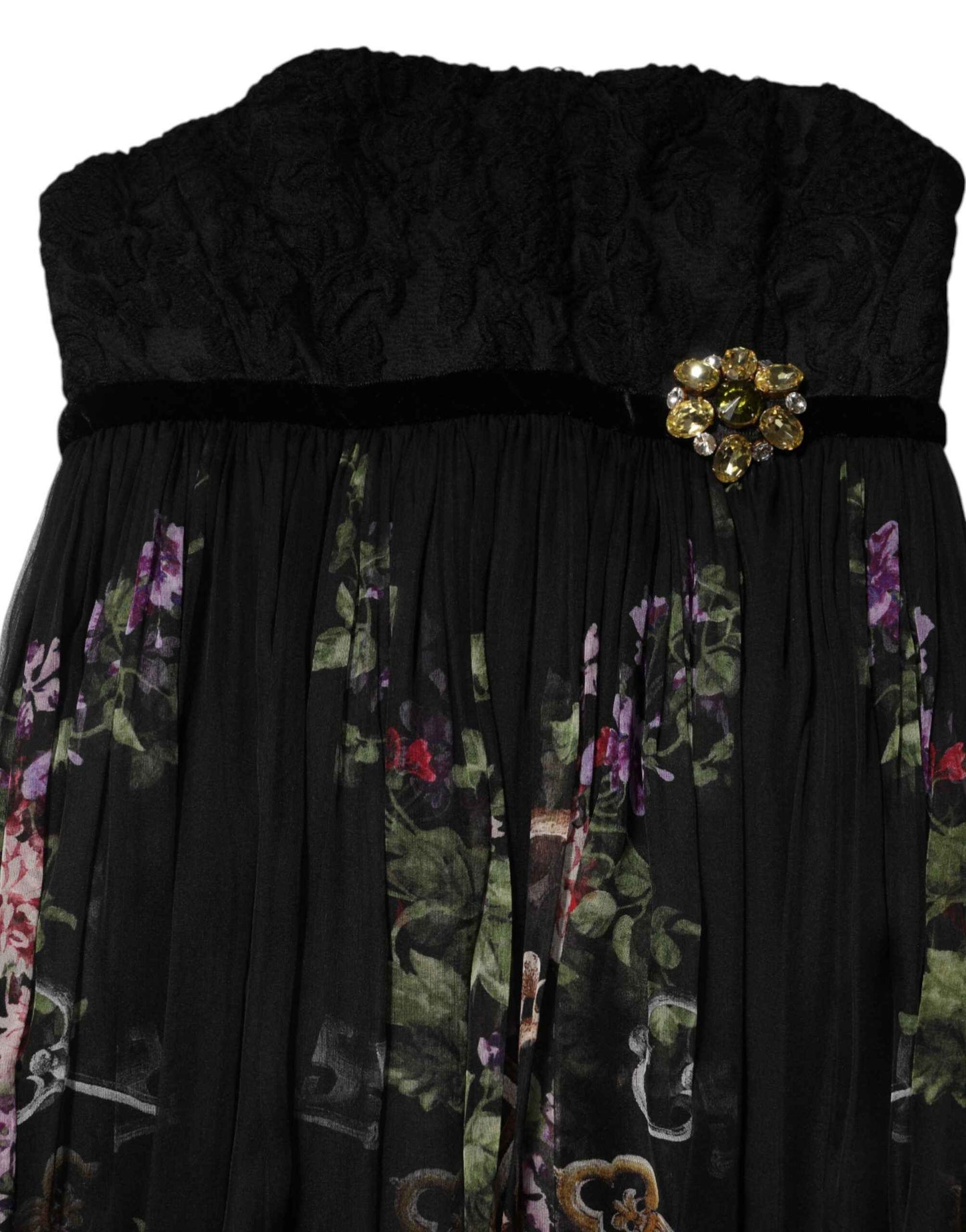 Dolce & Gabbana Black Floral Key Print Crystal Strapless Dress by Dolce & Gabbana