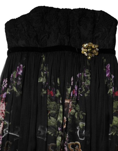 Dolce & Gabbana Black Floral Key Print Crystal Strapless Dress by Dolce & Gabbana
