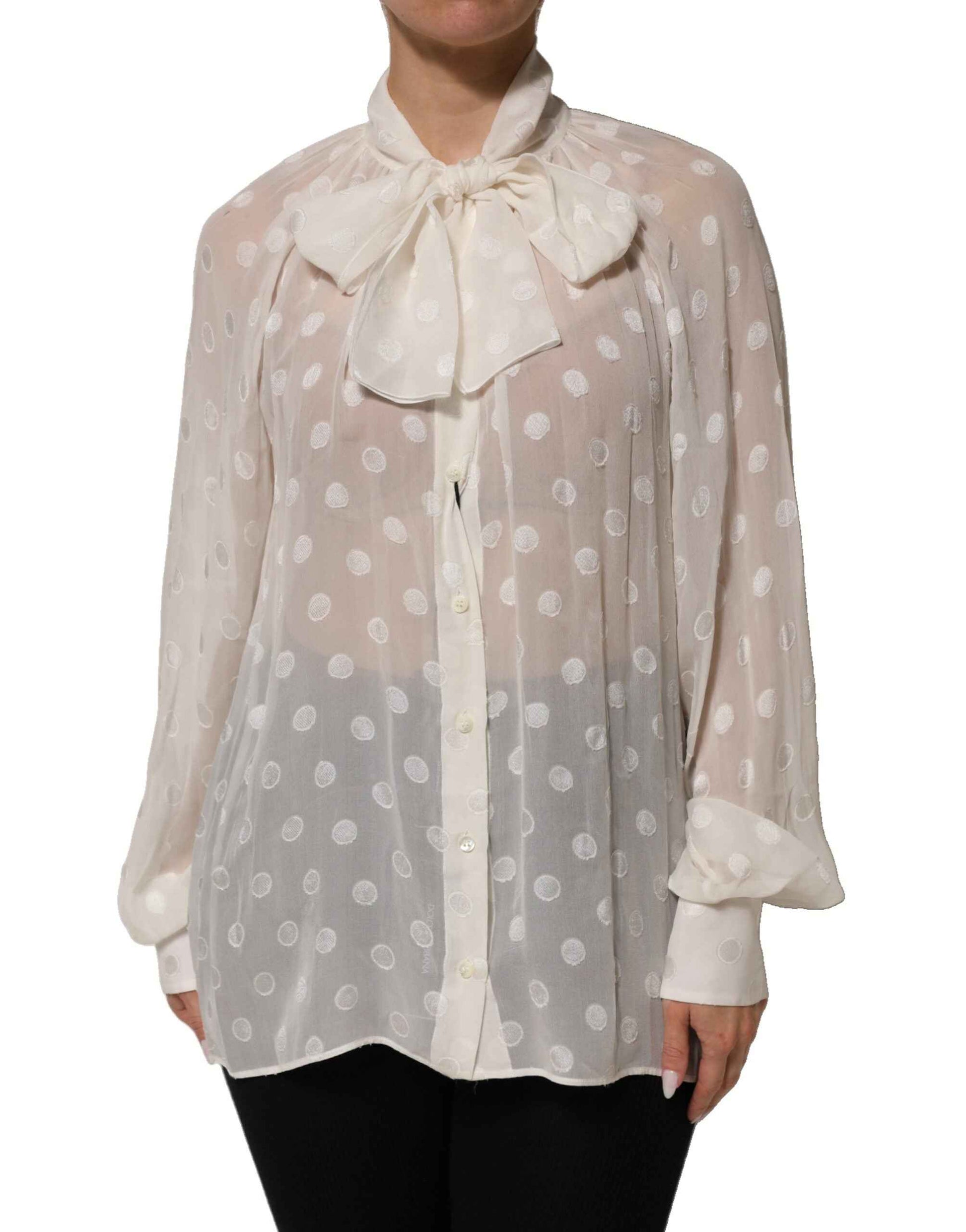 Dolce & Gabbana White Polka Sheer Silk Bow Tie Shirt Blouse Top by Dolce & Gabbana