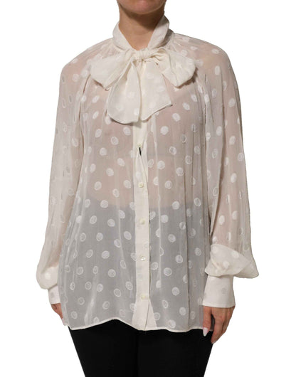 Dolce & Gabbana White Polka Sheer Silk Bow Tie Shirt Blouse Top by Dolce & Gabbana