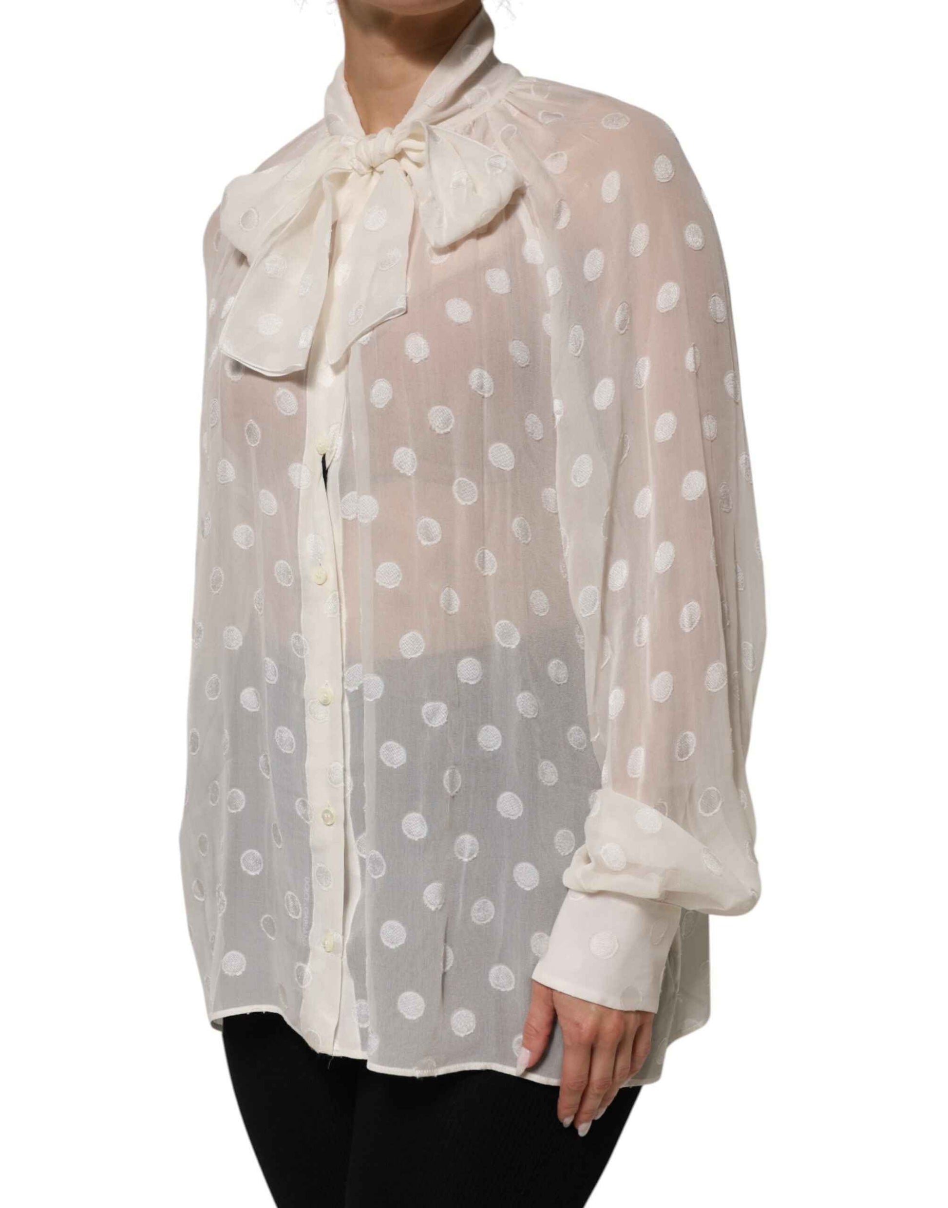 Dolce & Gabbana White Polka Sheer Silk Bow Tie Shirt Blouse Top by Dolce & Gabbana
