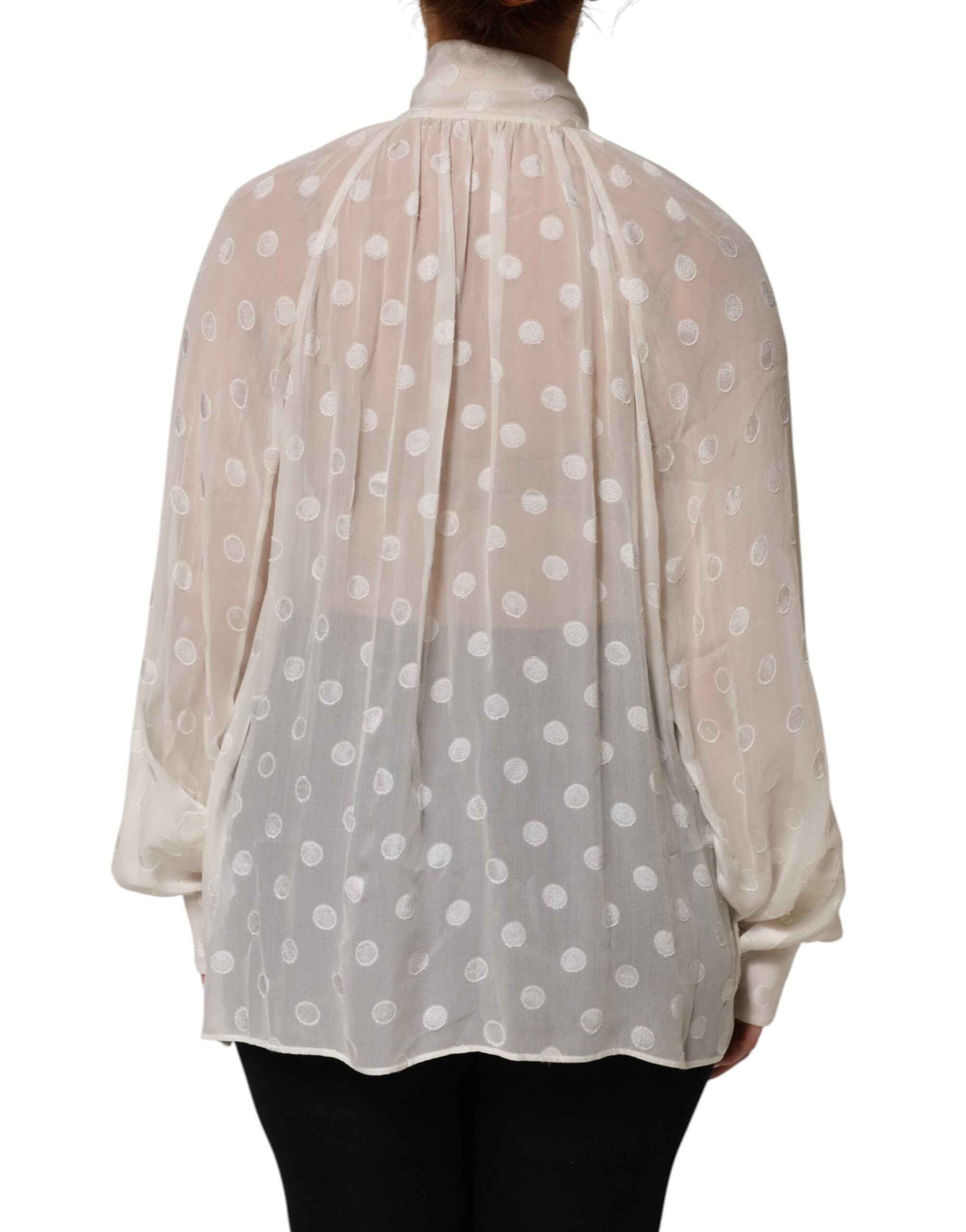 Dolce & Gabbana White Polka Sheer Silk Bow Tie Shirt Blouse Top by Dolce & Gabbana