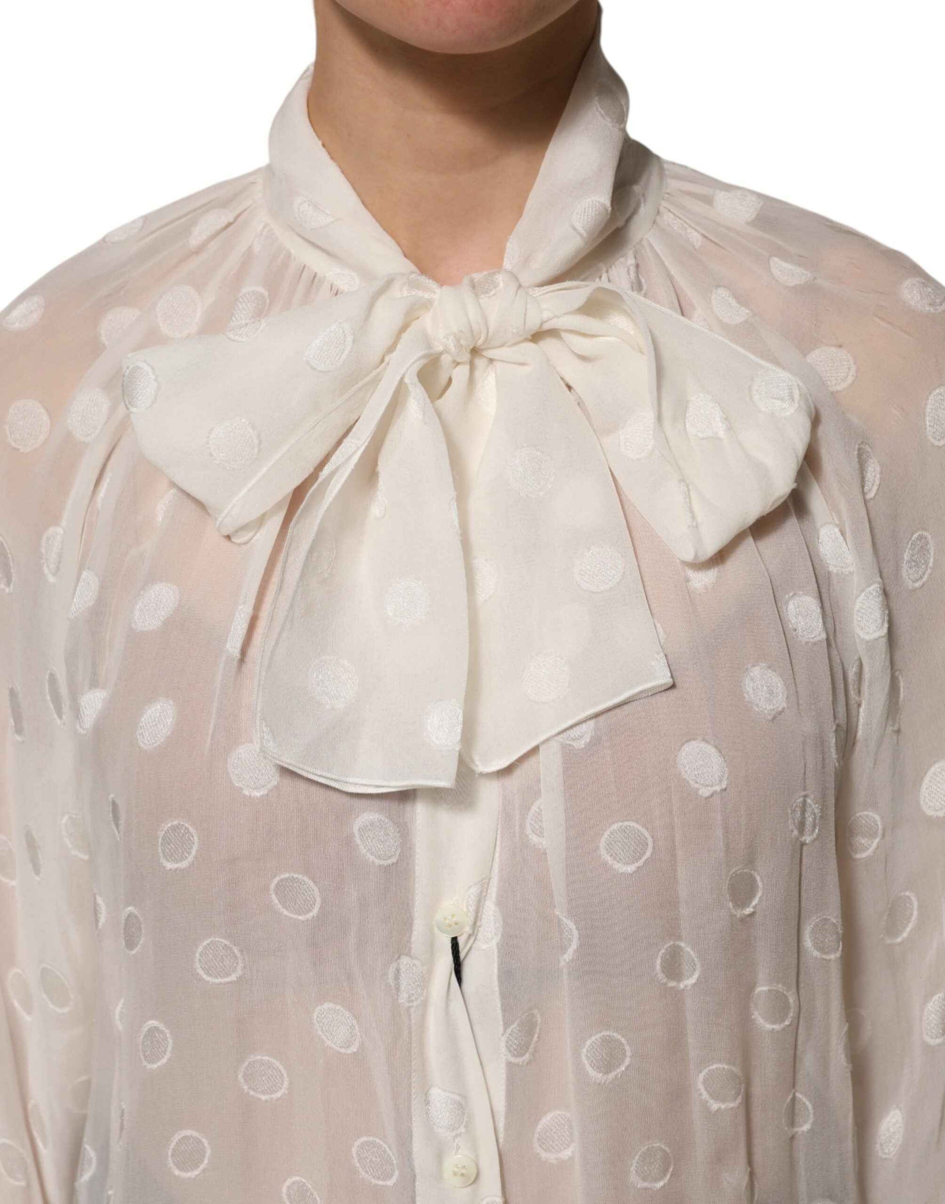 Dolce & Gabbana White Polka Sheer Silk Bow Tie Shirt Blouse Top by Dolce & Gabbana