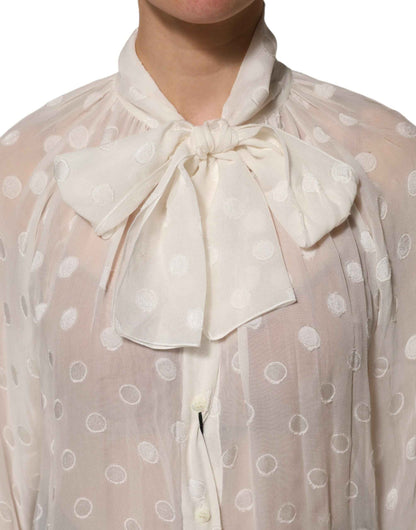 Dolce & Gabbana White Polka Sheer Silk Bow Tie Shirt Blouse Top by Dolce & Gabbana