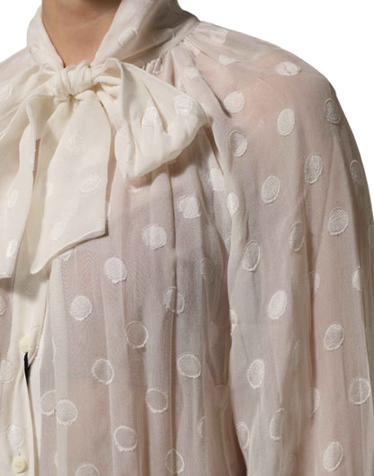 Dolce & Gabbana White Polka Sheer Silk Bow Tie Shirt Blouse Top by Dolce & Gabbana