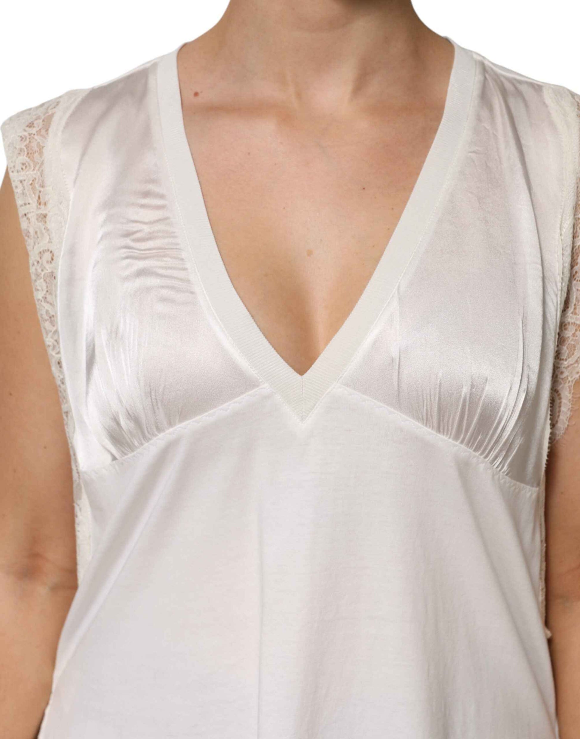 PINKO White Silk Blend Lace Trim Sleeveless V-Neck Women’s Top by PINKO
