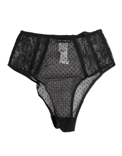 Dolce & Gabbana Black Lace Polka Dot Mesh High Waist Underwear by Dolce & Gabbana