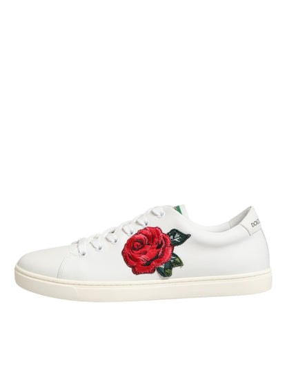 Dolce & Gabbana White Leather Rose Embroidery Low-Top Shoes - from Dolce & Gabbana