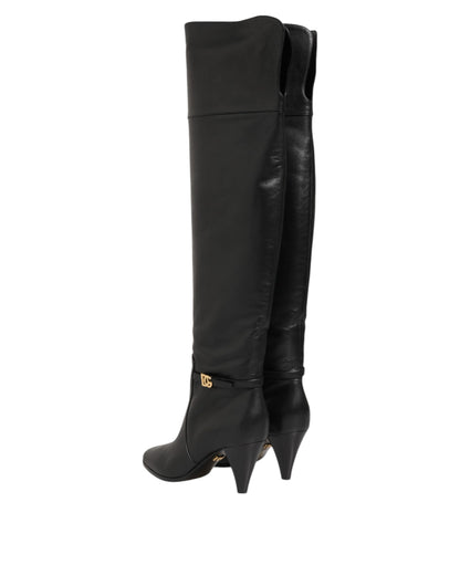 Dolce & Gabbana Black Leather Over-The-Knee DG Boots Shoes - from Dolce & Gabbana