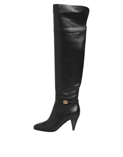Dolce & Gabbana Black Leather Over-The-Knee DG Boots Shoes - from Dolce & Gabbana