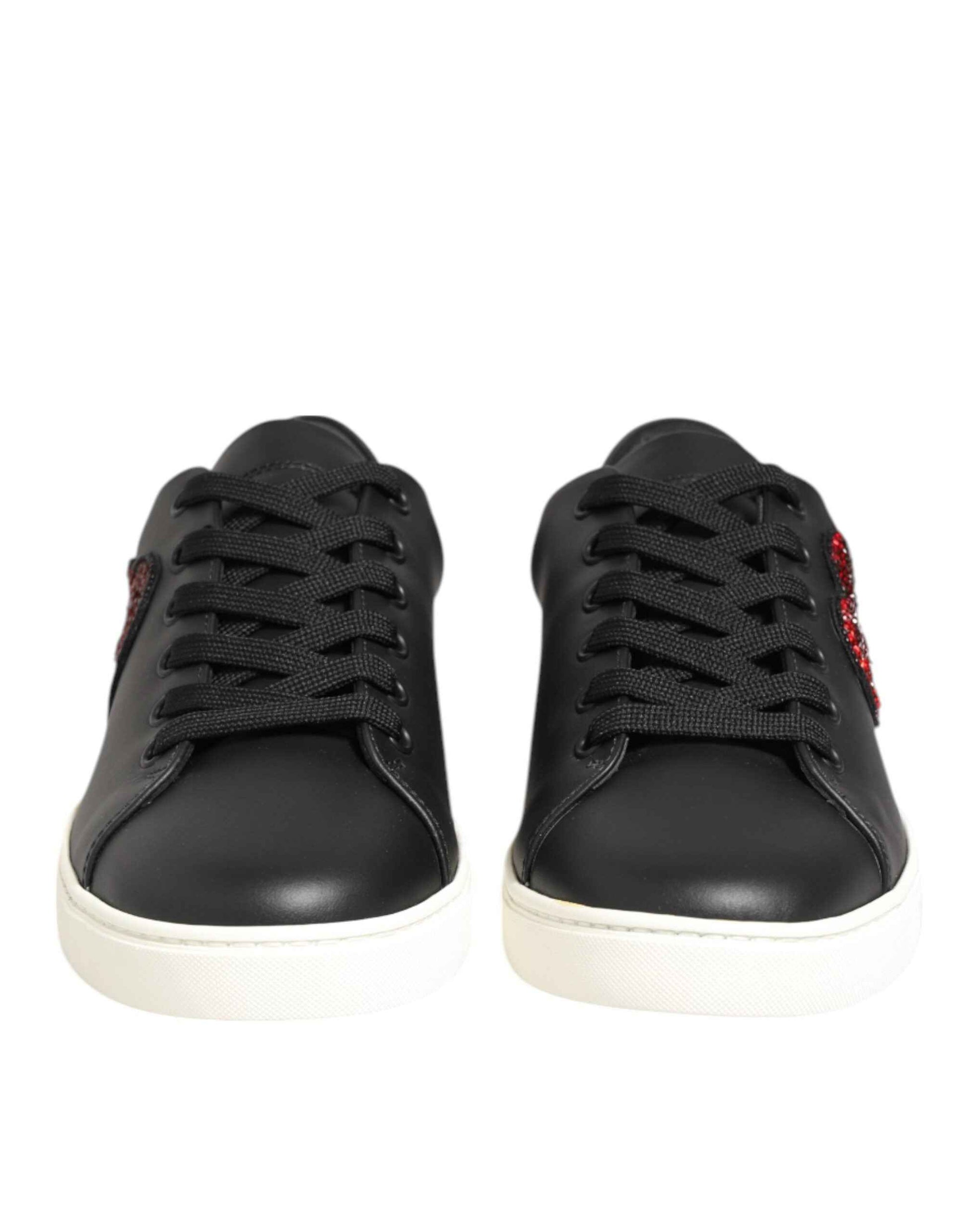 Dolce & Gabbana Black White Leather Crystal Heart Sneakers Shoes by Dolce & Gabbana