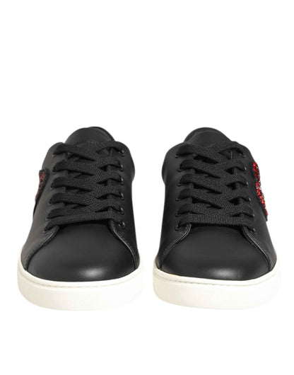 Dolce & Gabbana Black White Leather Crystal Heart Sneakers Shoes by Dolce & Gabbana