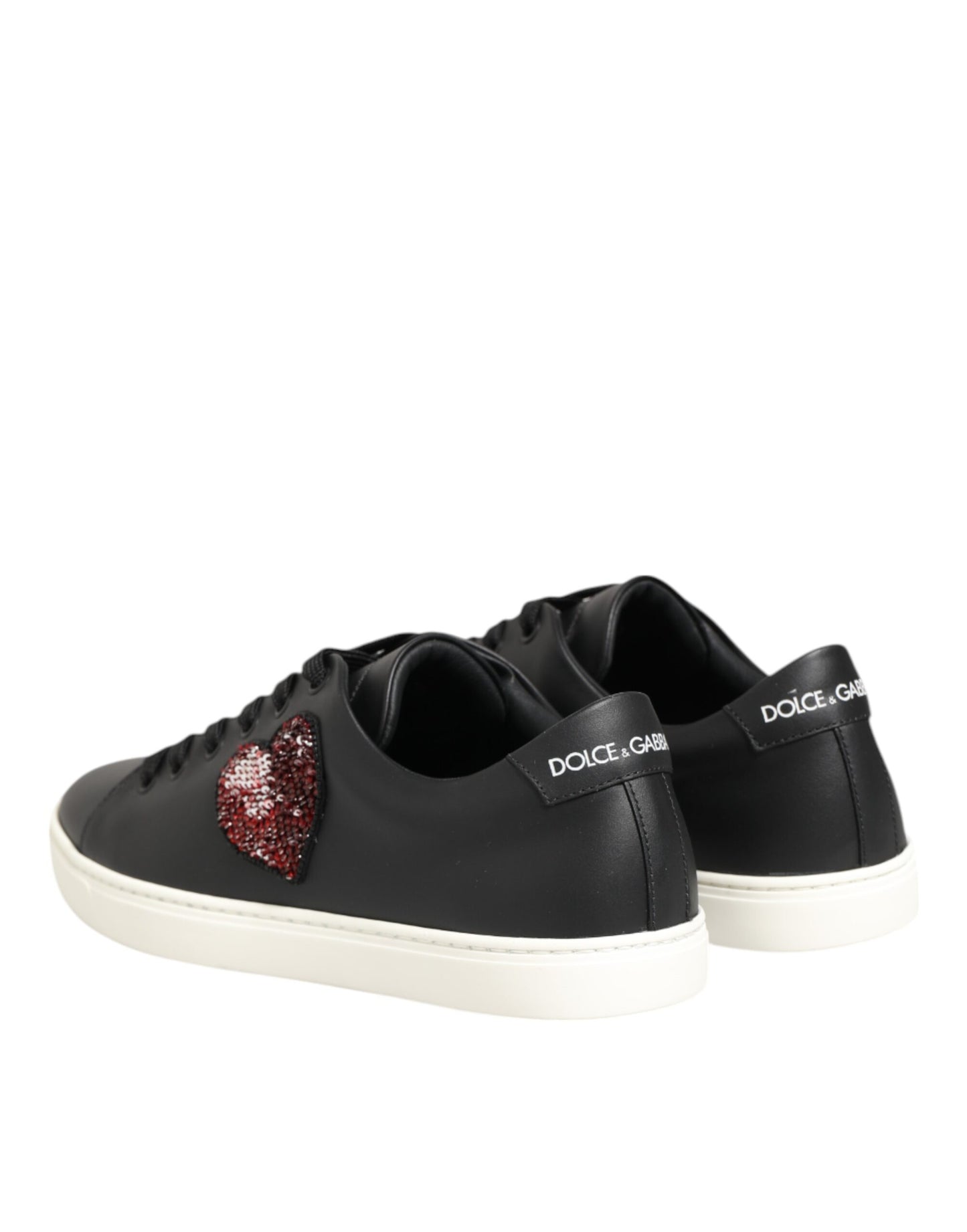 Dolce & Gabbana Black White Leather Crystal Heart Sneakers Shoes - from Dolce & Gabbana