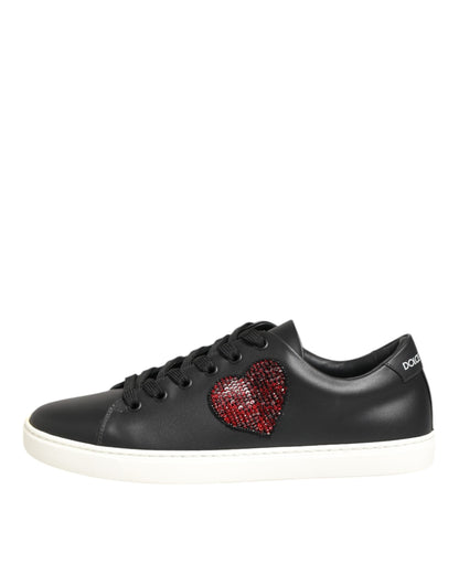 Dolce & Gabbana Black White Leather Crystal Heart Sneakers Shoes - from Dolce & Gabbana