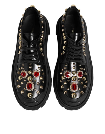 Dolce & Gabbana Black Leather Jeweled Crystals Derby Shoes by Dolce & Gabbana