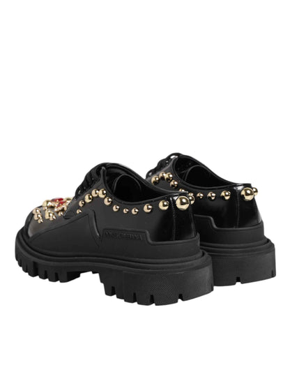Dolce & Gabbana Black Leather Jeweled Crystals Derby Shoes by Dolce & Gabbana