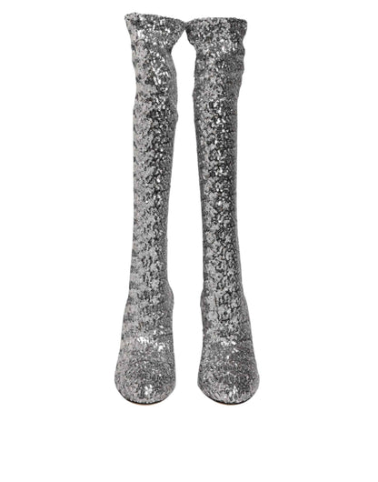 Dolce & Gabbana Shoes Silver Sequins Glitter High Heel Boot Shoes by Dolce & Gabbana
