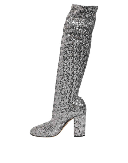 Dolce & Gabbana Shoes Silver Sequins Glitter High Heel Boot Shoes by Dolce & Gabbana