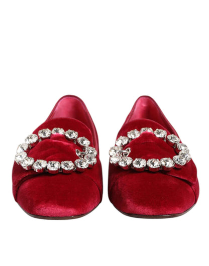 Dolce & Gabbana Red Velvet Crystal Buckle Loafers Flats Shoes by Dolce & Gabbana