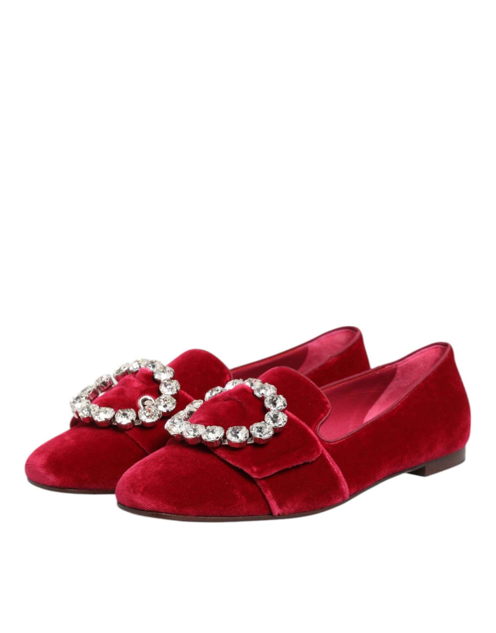 Dolce & Gabbana Red Velvet Crystal Buckle Loafers Flats Shoes by Dolce & Gabbana