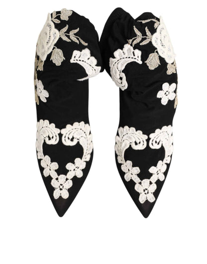 Dolce & Gabbana Black White Embroidered Jersey Stiletto Boots Shoes by Dolce & Gabbana