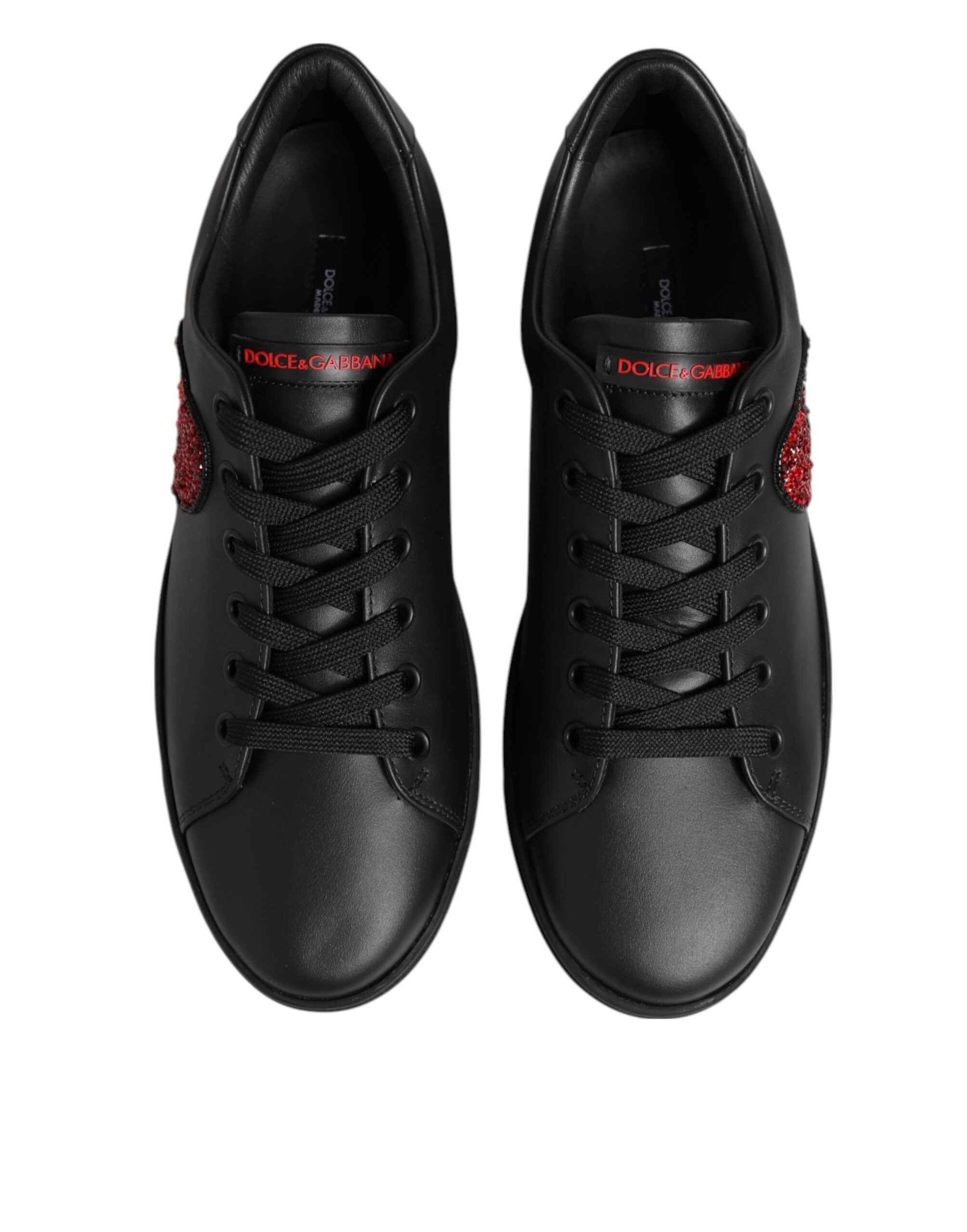 Dolce & Gabbana Black Leather Crystal Heart Low Top Sneakers Shoes by Dolce & Gabbana