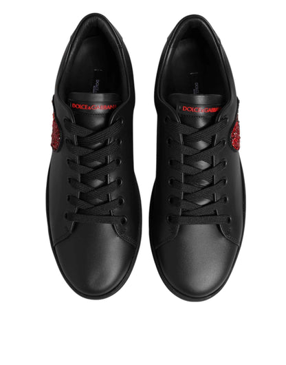 Dolce & Gabbana Black Leather Crystal Heart Low Top Sneakers Shoes by Dolce & Gabbana