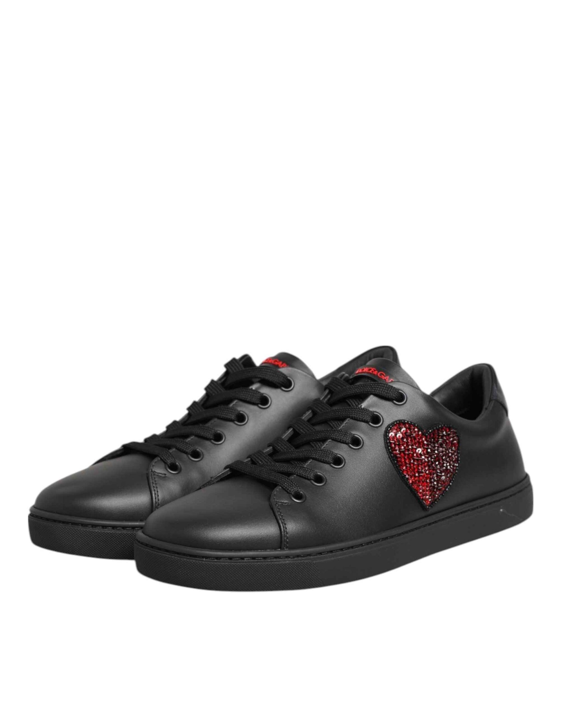 Dolce & Gabbana Black Leather Crystal Heart Low Top Sneakers Shoes by Dolce & Gabbana