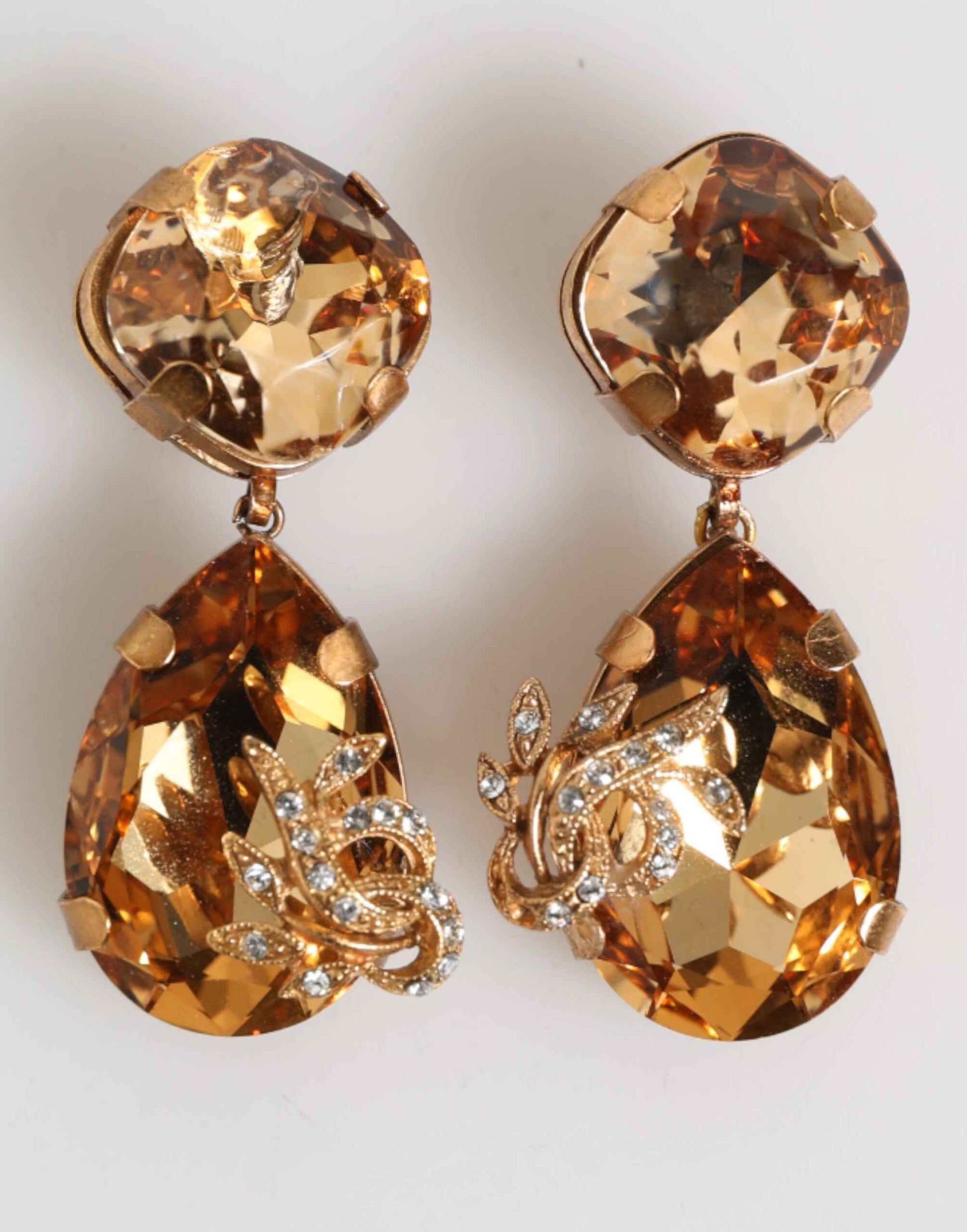 Dolce & Gabbana Gold Crystal Drop Clip-On Strass Floral Jewelry Earrings by Dolce & Gabbana