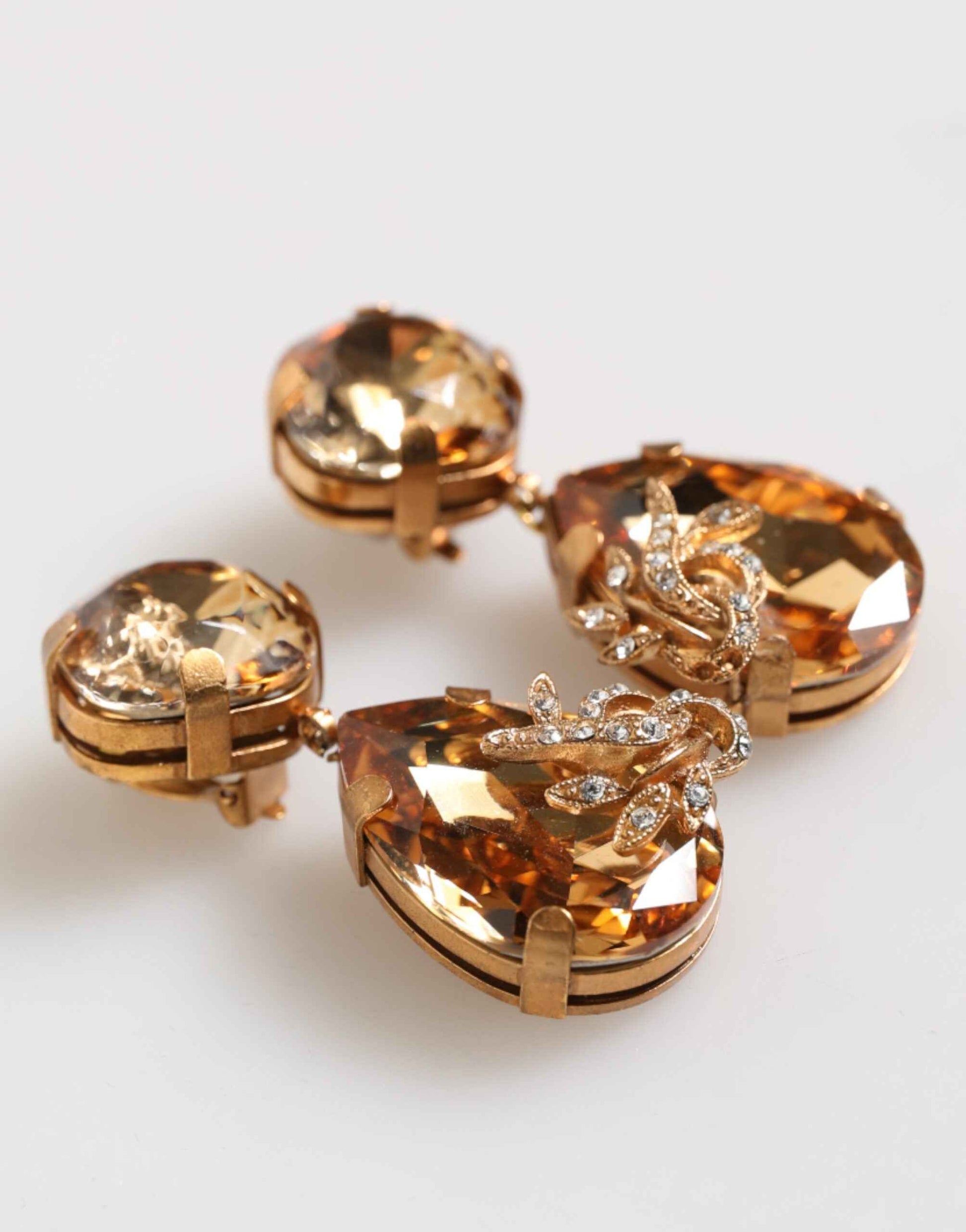 Dolce & Gabbana Gold Crystal Drop Clip-On Strass Floral Jewelry Earrings by Dolce & Gabbana