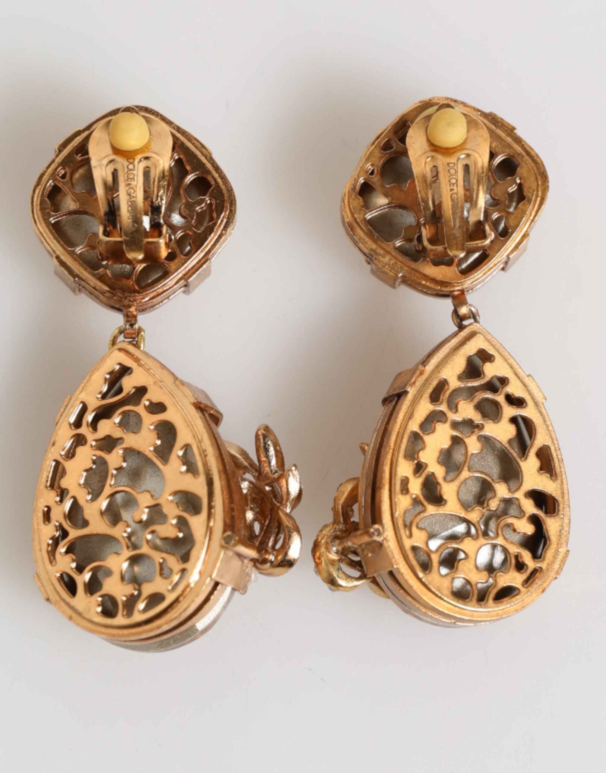 Dolce & Gabbana Gold Crystal Drop Clip-On Strass Floral Jewelry Earrings by Dolce & Gabbana