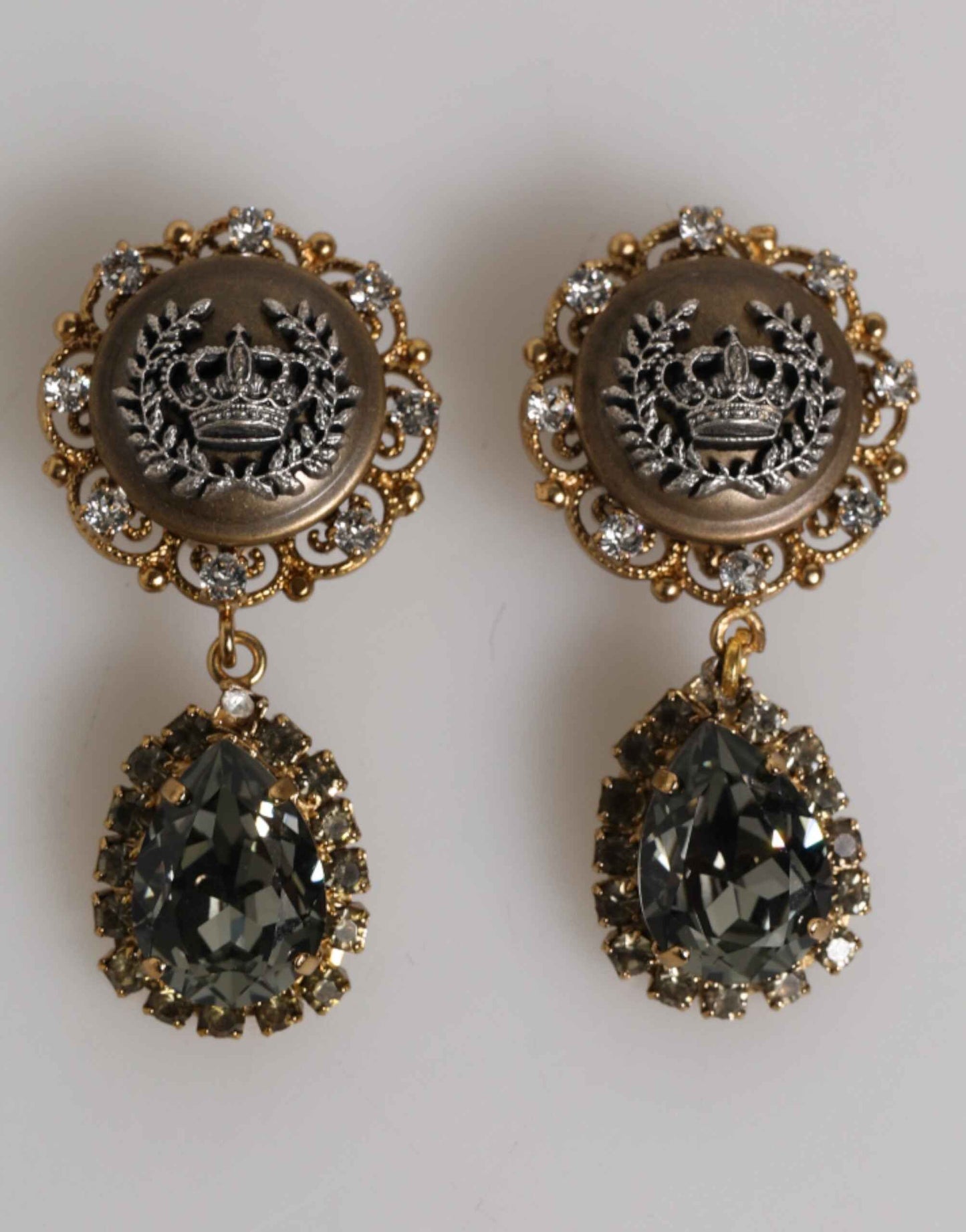 Dolce & Gabbana Gold Brass Crown Medallion Black Crystal Drop Clip On Earrings by Dolce & Gabbana