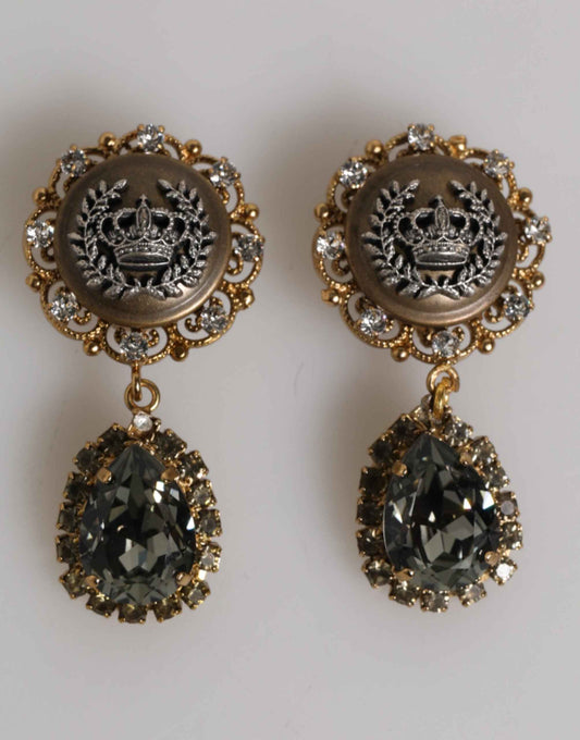 Dolce & Gabbana Gold Brass Crown Medallion Black Crystal Drop Clip On Earrings by Dolce & Gabbana