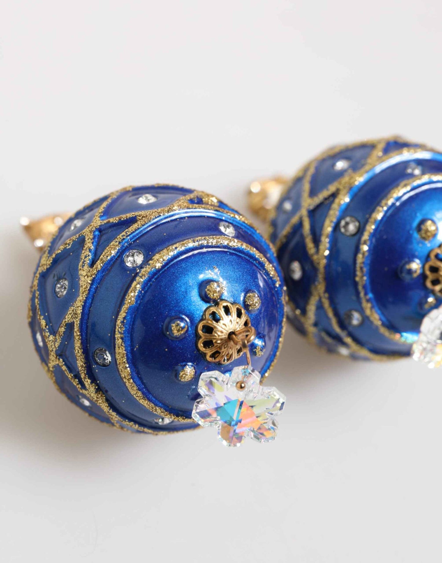 Dolce & Gabbana Gold Brass Blue Christmas Ball Crystal Drop Clip On Earrings by Dolce & Gabbana