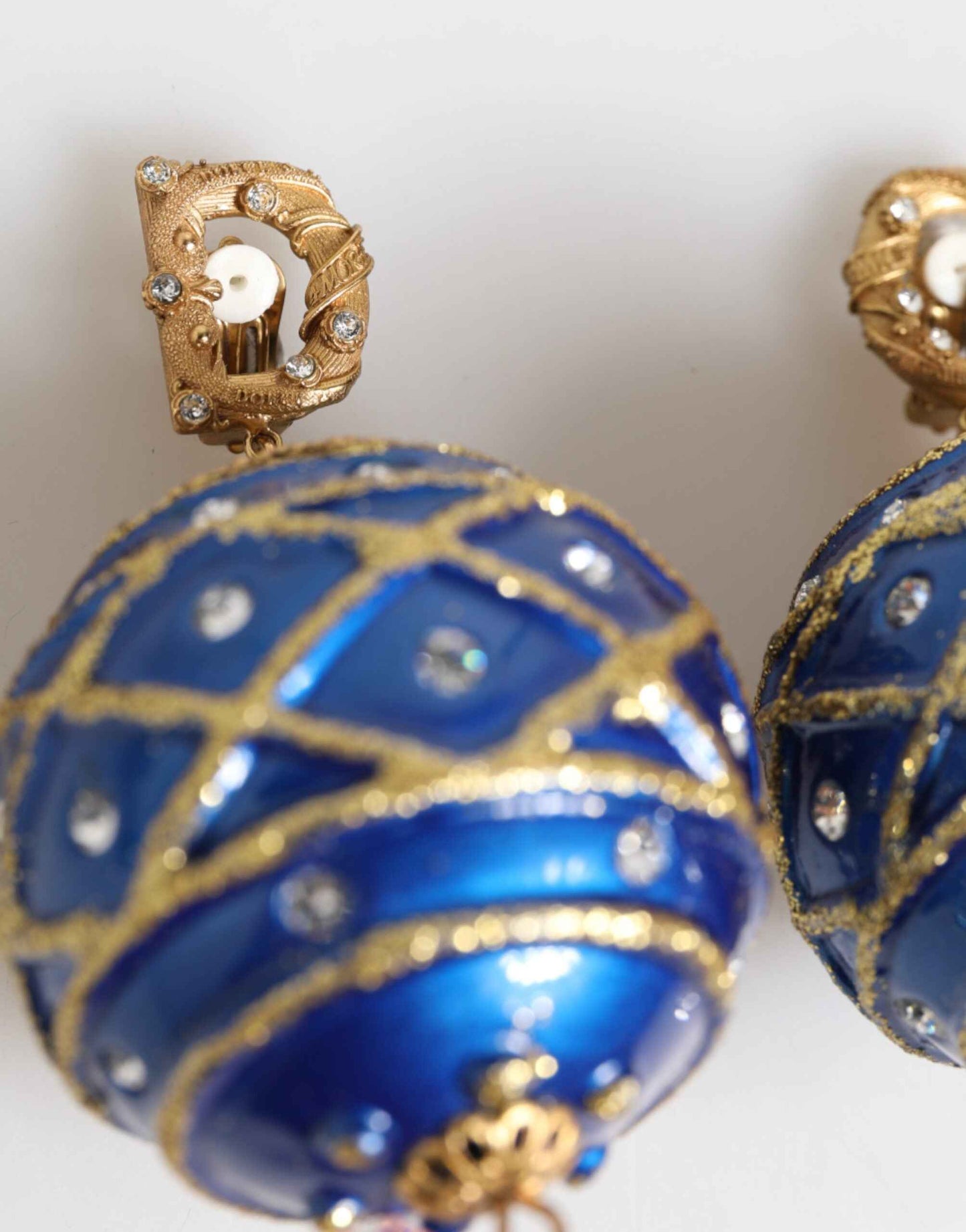 Dolce & Gabbana Gold Brass Blue Christmas Ball Crystal Drop Clip On Earrings by Dolce & Gabbana