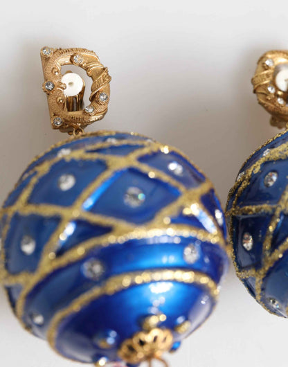 Dolce & Gabbana Gold Brass Blue Christmas Ball Crystal Drop Clip On Earrings by Dolce & Gabbana