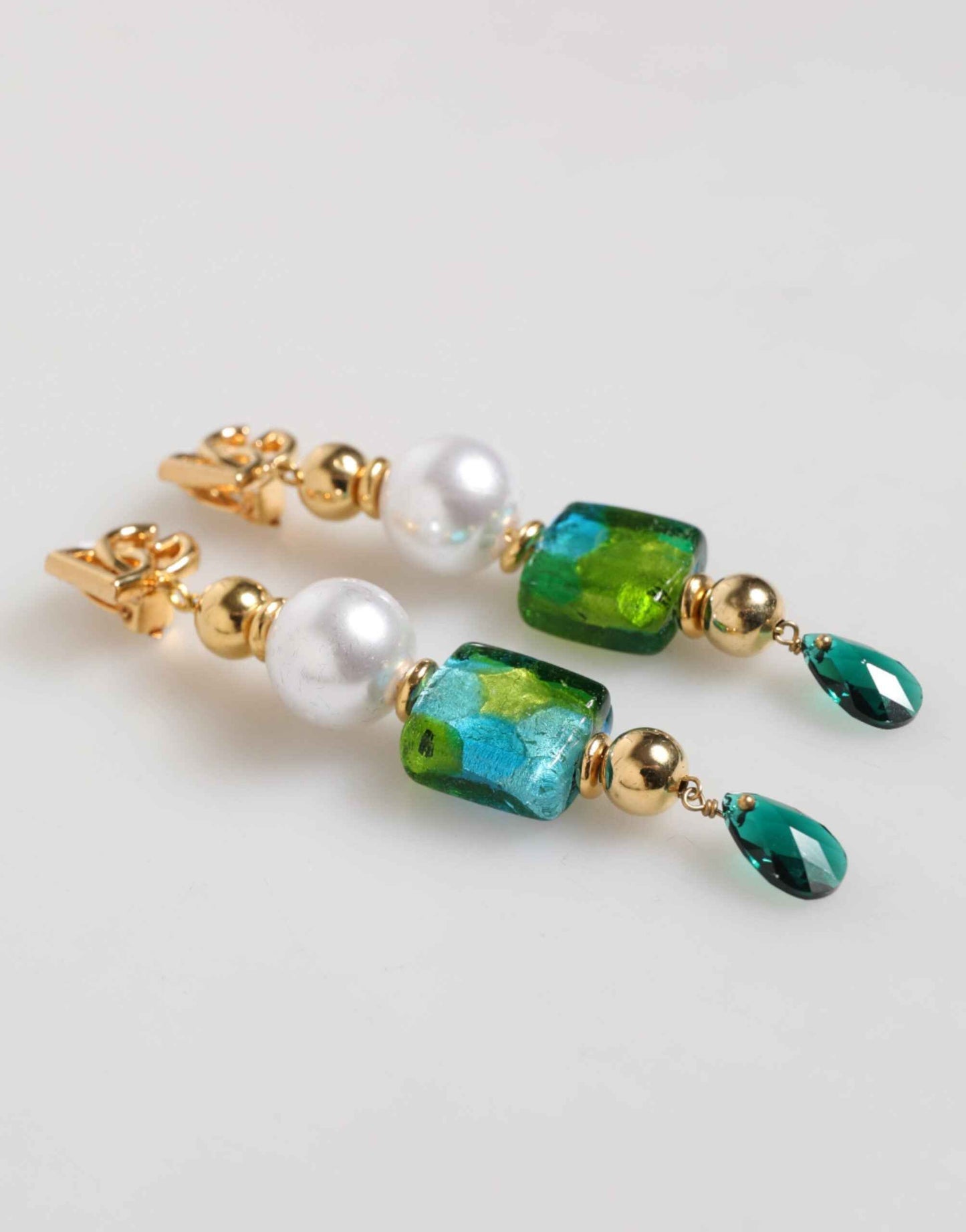 Dolce & Gabbana Gold Brass Multicolour Pearl Green Blue Drop Logo DG Earrings by Dolce & Gabbana