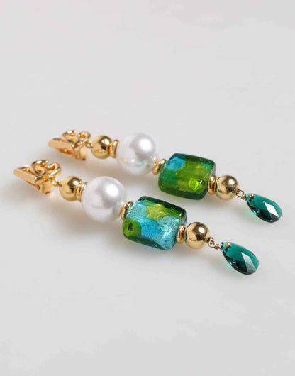 Dolce & Gabbana Gold Brass Multicolour Pearl Green Blue Drop Logo DG Earrings by Dolce & Gabbana